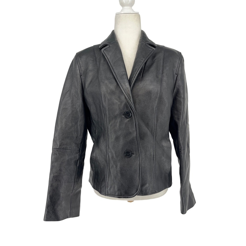 Wilsons Leather Pelle Studio‎ Black Leather Blazer Jacket Womens Large 2 Button